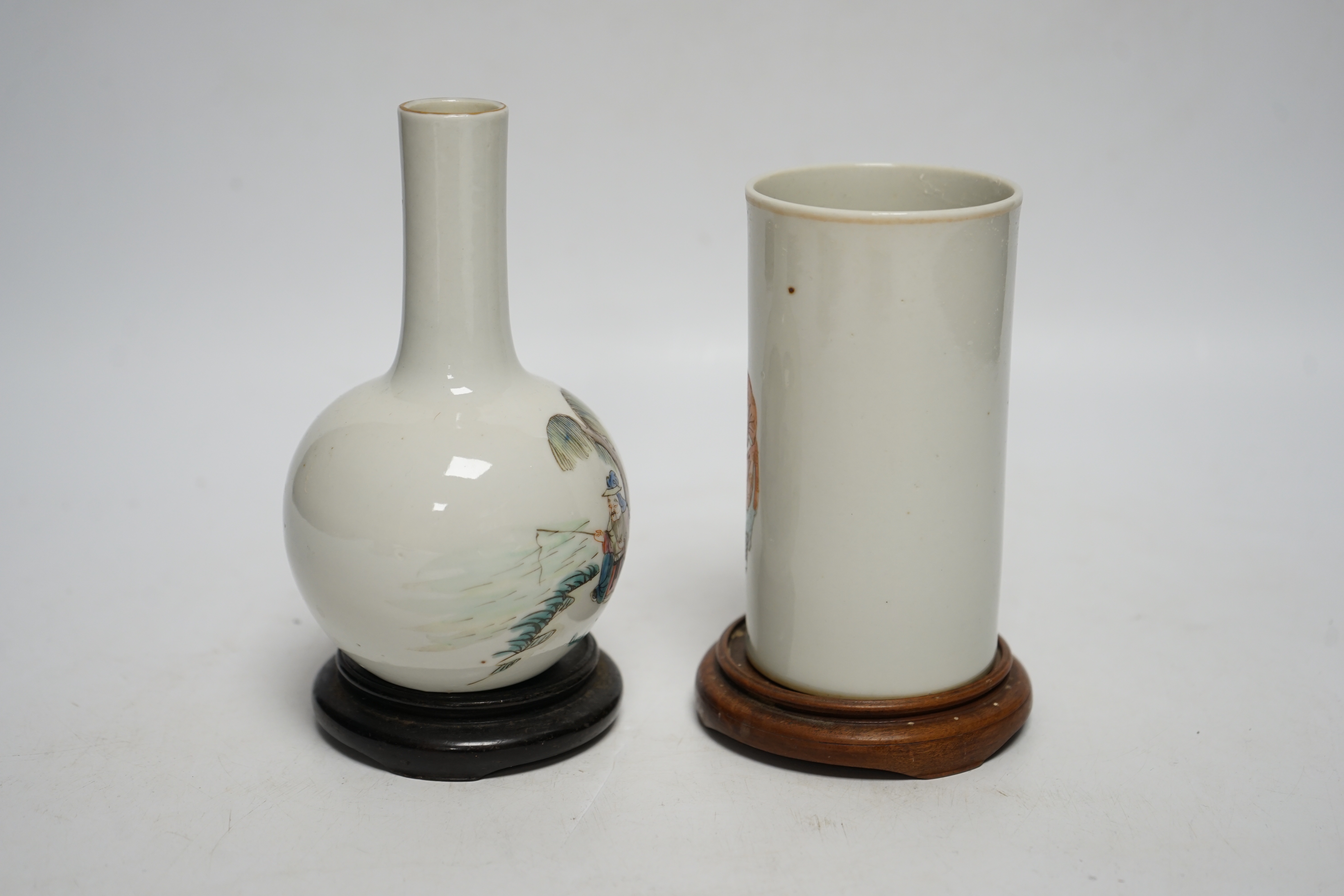 A Chinese famille rose brush pot and bottle vase, both with stands, tallest 16cm